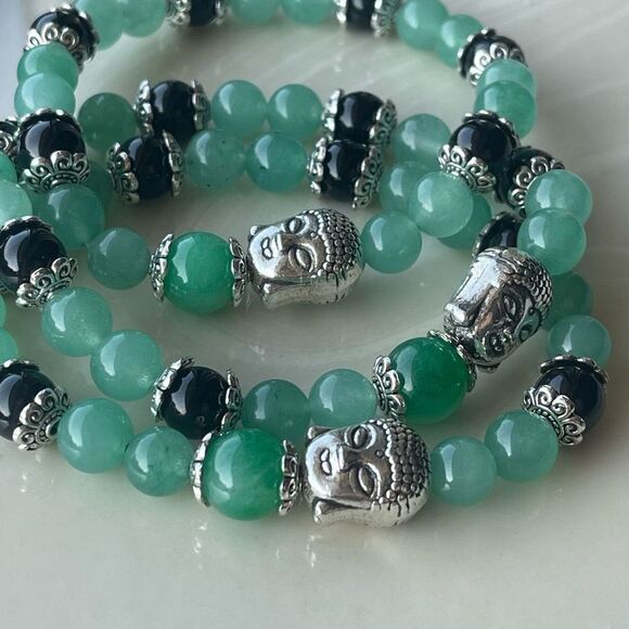 Green aventurine jade obsidian Buddha ONE stretch beaded bracelet NEW reiki medi - Picture 9 of 10